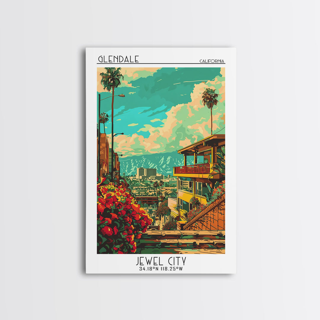Glendale California Travel Poster, Framed Canvas Print, Travel Wall Decor, Minimalist Poster, Retro Travel Poster, City Illustration