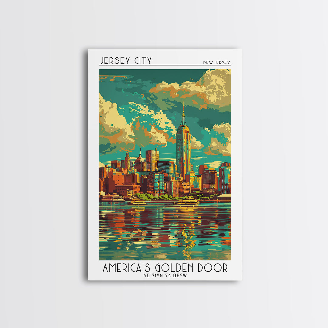 Jersey City Travel Poster, Framed Canvas Print, Retro Wall Art, Travel Print, Vintage Posters, Gallery Wall Set, Vintage City Poster