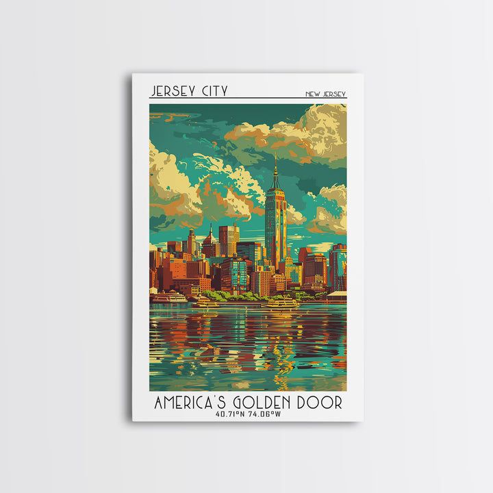 Jersey City Travel Poster, Framed Canvas Print, Retro Wall Art, Travel Print, Vintage Posters, Gallery Wall Set, Vintage City Poster