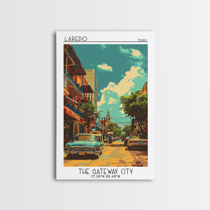 Laredo Travel Poster, Framed Canvas Print, City Art Print, Travel Wall Art, Wanderlust Gift, Home Office Decor, Watercolor Cityscape