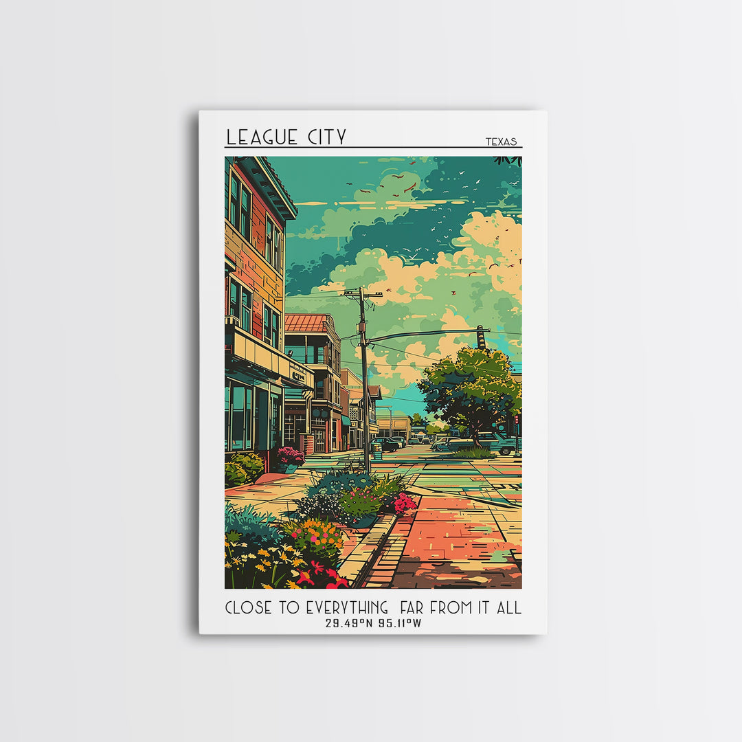 League City Travel Poster, Framed Canvas Print, City Art Print, Travel Wall Art, Landscape Art, Colorful Wall Art, City Illustration