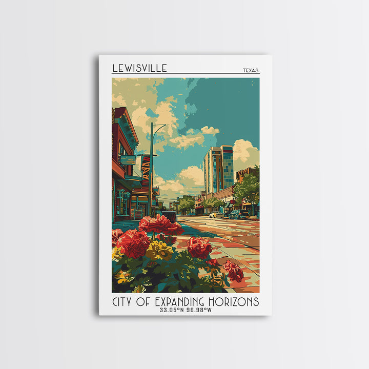 Lewisville Travel Poster, Framed Canvas Print, Travel Prints, Landscape Art, Retro Travel Poster, Poster Print, Watercolor Cityscape