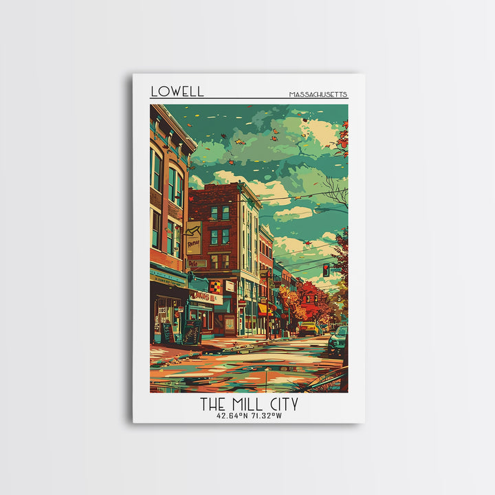 Lowell Travel Poster, Framed Canvas Print, Travel Art Print, Modern Wall Decor, Wall Art, Art Print, Travel Decor, Home Office Decor