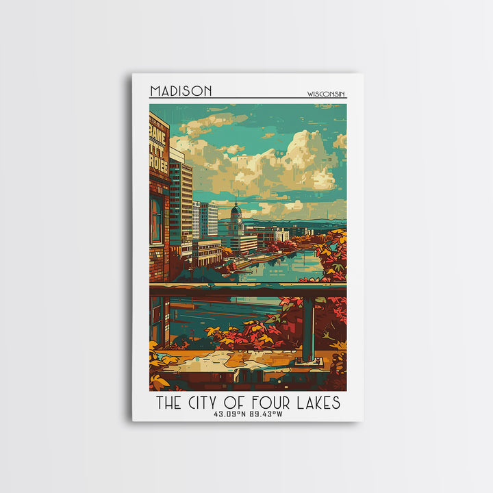 Madison Travel Poster, Framed Canvas Print, Retro Travel Poster, City Wall Art, Home Office Decor, Fine Art Print, Colorful Wall Art