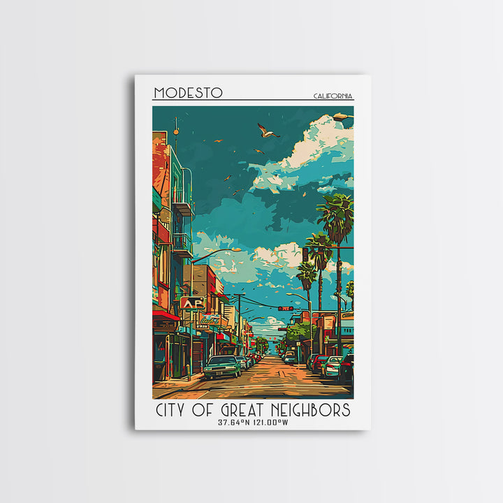 Modesto Travel Poster, Canvas Print, Travel Wall Art, City Wall Art, City Illustration, Travel Print, Vintage Poster, City Art Print