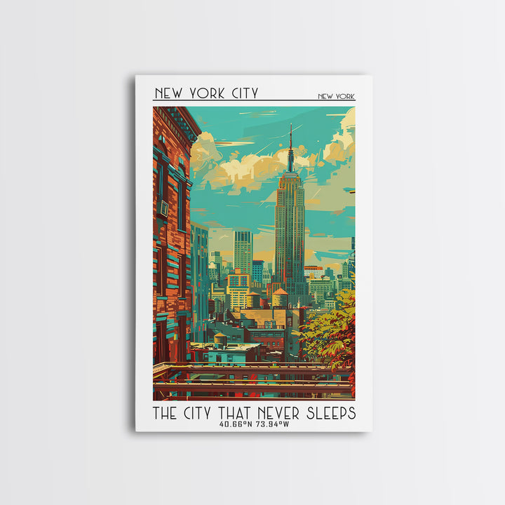 New York Travel Poster, Framed Canvas Print, Travel Wall Art, City Wall Art, Retro Wall Art, Mid Century Wall Art, Colorful Wall Art
