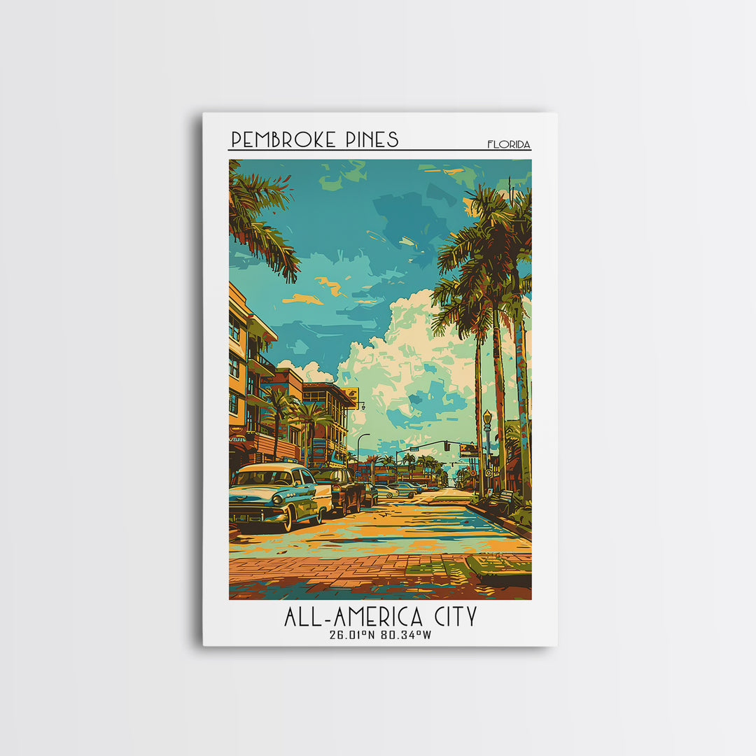 Pembroke Pines Travel Poster, Framed Canvas Print, Vintage Travel Print, City Wall Art, Retro Wall Art, Fine Art Print, Poster Print