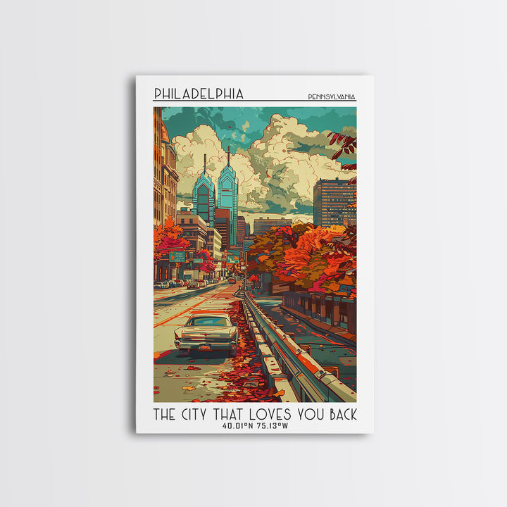 Philadelphia Travel Poster, Framed Canvas Print, Retro Wall Art, Travel Print, Travel Wall Decor, City Wall Art, Retro Travel Poster