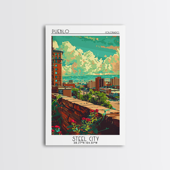 Pueblo Travel Poster, Framed Canvas Print, Retro Wall Art, Travel Print, Home Decor, Watercolor Cityscape, Wall Art, Wanderlust Gift
