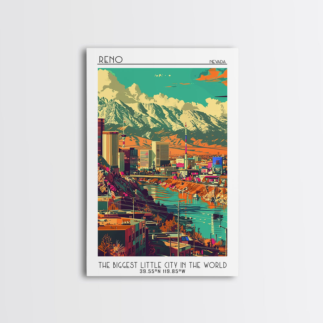 Reno Travel Poster, Framed Canvas Print, Travel Wall Art, City Wall Art, Wall Art, Art Print, Retro Travel Poster, Home Office Decor