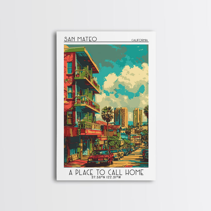 San Mateo Travel Poster, Framed Canvas Print, Retro Travel Poster, City Wall Art, Travel Art Print, Minimalist Poster, Landscape Art