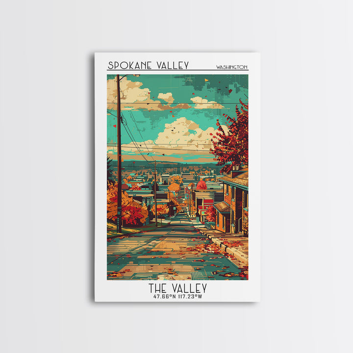 Spokane Valley Travel Poster, Framed Canvas Print, Travel Wall Art, City Wall Art, City Travel Poster, Travel Prints, Retro Wall Art