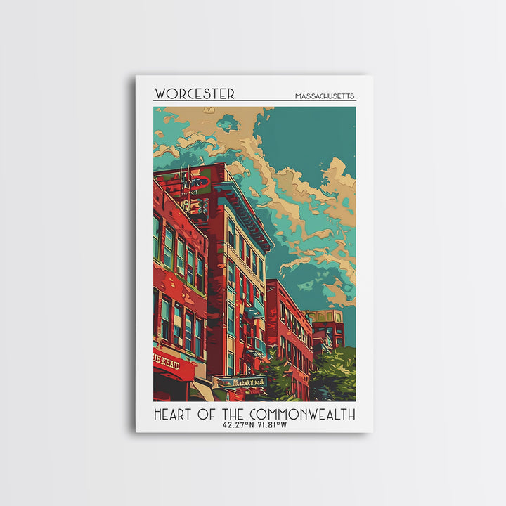 Worcester Travel Poster, Framed Canvas Print, Travel Prints, Landscape Art, Living Room Wall Art, Watercolor Cityscape, Travel Print