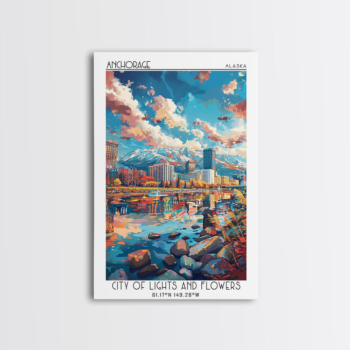 Anchorage Travel Poster, Framed Canvas Print, Retro Travel Poster, City Wall Art, Wanderlust Gift, City Illustration, Vintage Travel