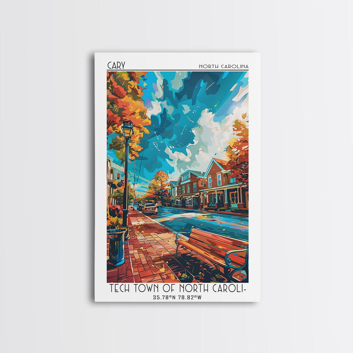 Cary Travel Poster, Framed Canvas Print, Retro Wall Art, Travel Print, Vintage City Poster, Retro Travel Print, Living Room Wall Art