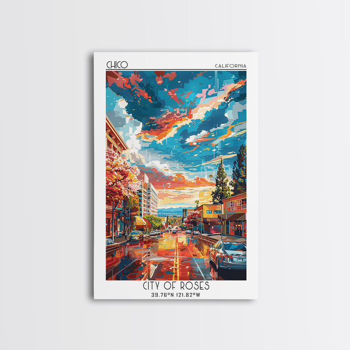 Chico Travel Poster, Framed Canvas Print, Travel Prints, Landscape Art, Art Print, Vintage Poster, City Wall Art, Retro Travel Print