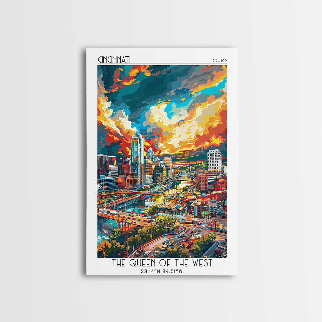 Cincinnati Travel Poster, Canvas Print, Travel Prints, Landscape Art, Vintage Travel, Wanderlust Gift, City Wall Art, Retro Wall Art