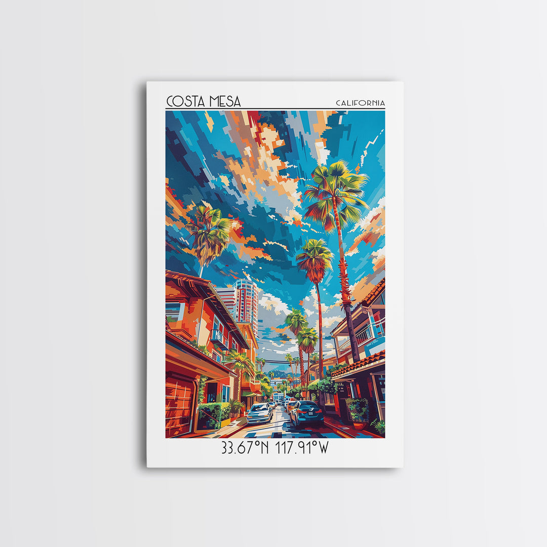 Costa Mesa Travel Poster, Framed Canvas Print, City Travel Poster, Vintage City Poster, Wall Art, City Illustration, Wanderlust Gift