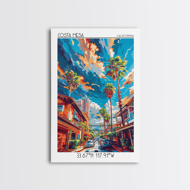Costa Mesa Travel Poster, Framed Canvas Print, City Travel Poster, Vintage City Poster, Wall Art, City Illustration, Wanderlust Gift