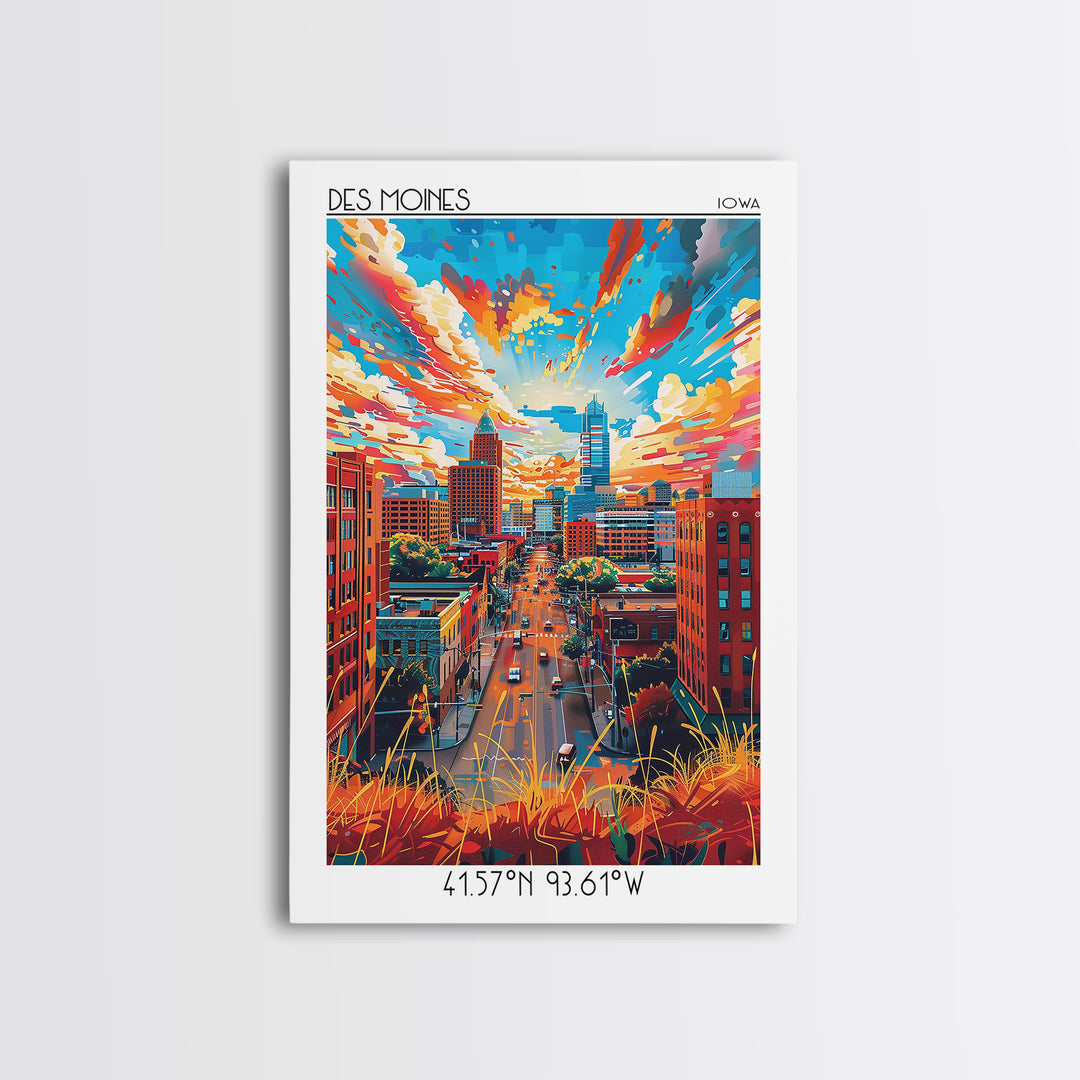 Des Moines Travel Poster, Canvas Print, Travel Wall Art, City Wall Art, City Illustration, Mid Century Wall Art, Retro Travel Poster