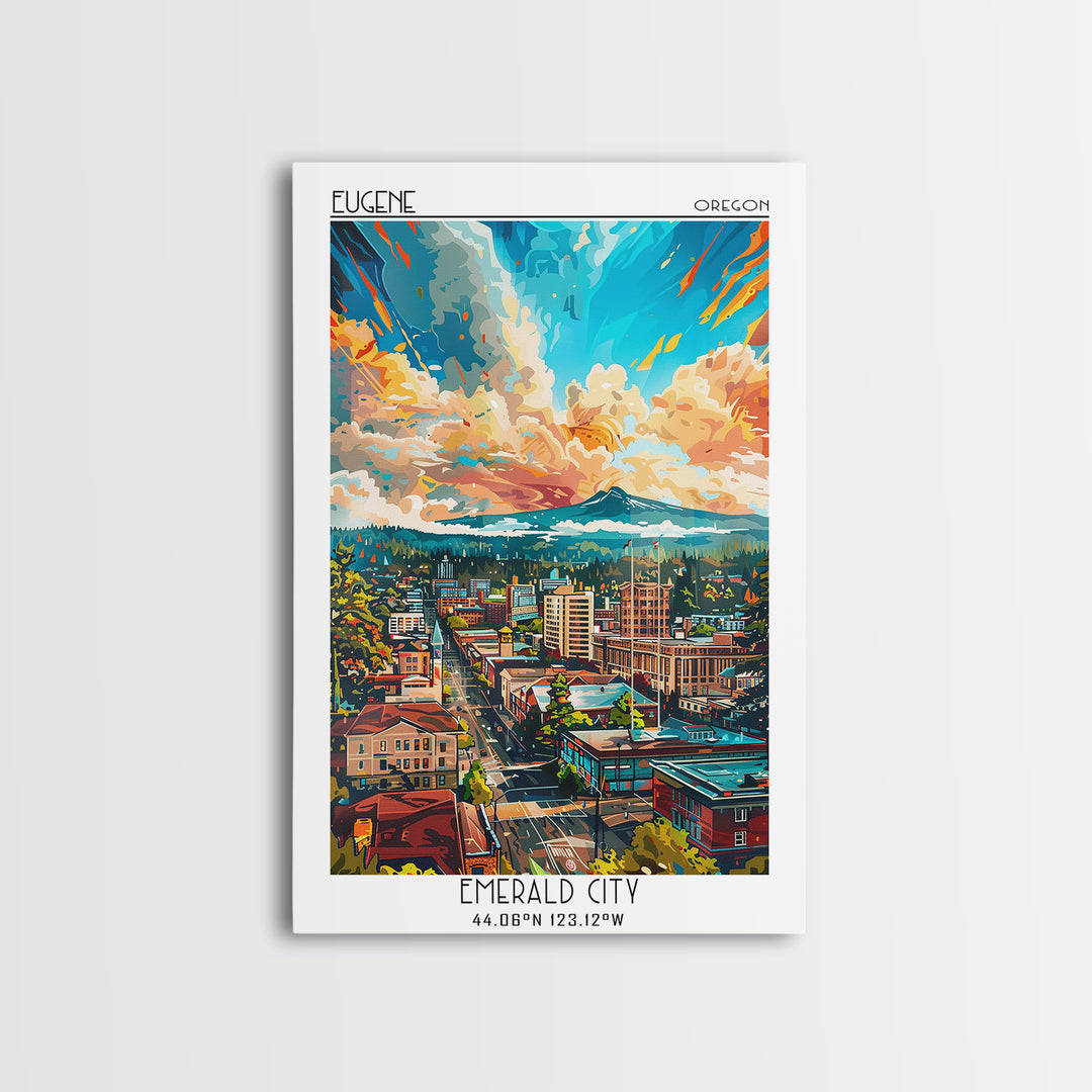 Eugene Travel Poster, Framed Canvas Print, Retro Travel Poster, City Wall Art, Wanderlust Gift, Vintage Travel Print, Fine Art Print