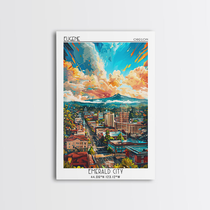 Eugene Travel Poster, Framed Canvas Print, Retro Travel Poster, City Wall Art, Wanderlust Gift, Vintage Travel Print, Fine Art Print