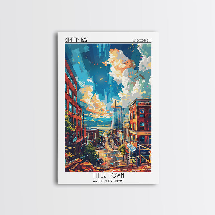 Green Bay Travel Poster, Framed Canvas Print, Retro Wall Art, Travel Print, Vintage Travel Art, Mid Century Wall Art, City Art Print