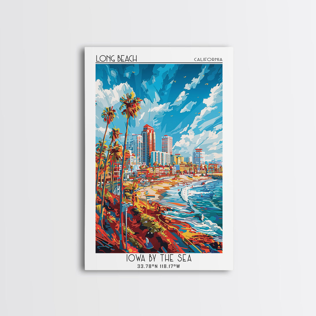 Long Beach Travel Poster, Framed Canvas Print, Travel Prints, Landscape Art, Watercolor Cityscape, Retro Wall Art, Colorful Wall Art