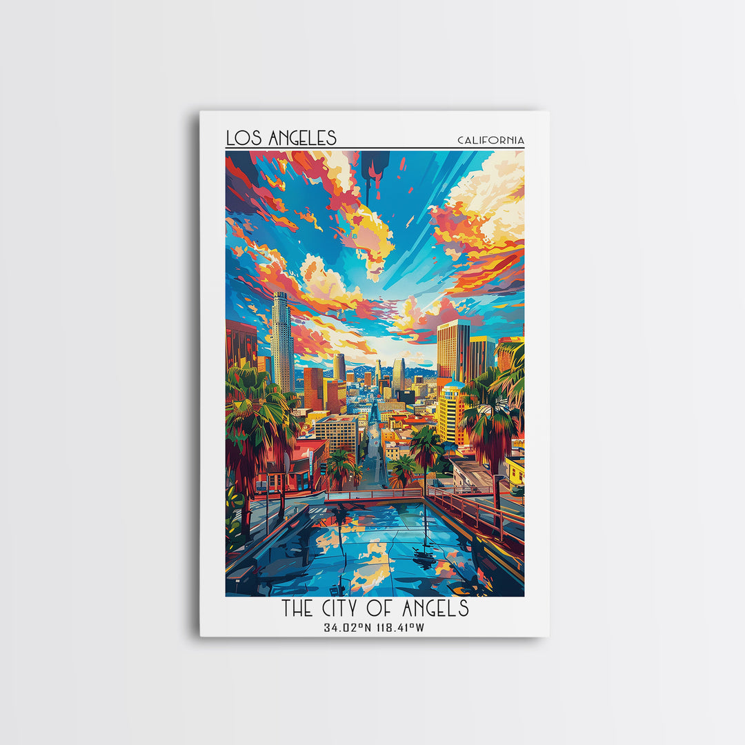 Los Angeles Travel Poster, Framed Canvas Print, Travel Prints, Landscape Art, Travel Wall Decor, Retro Wall Art, Retro Travel Poster