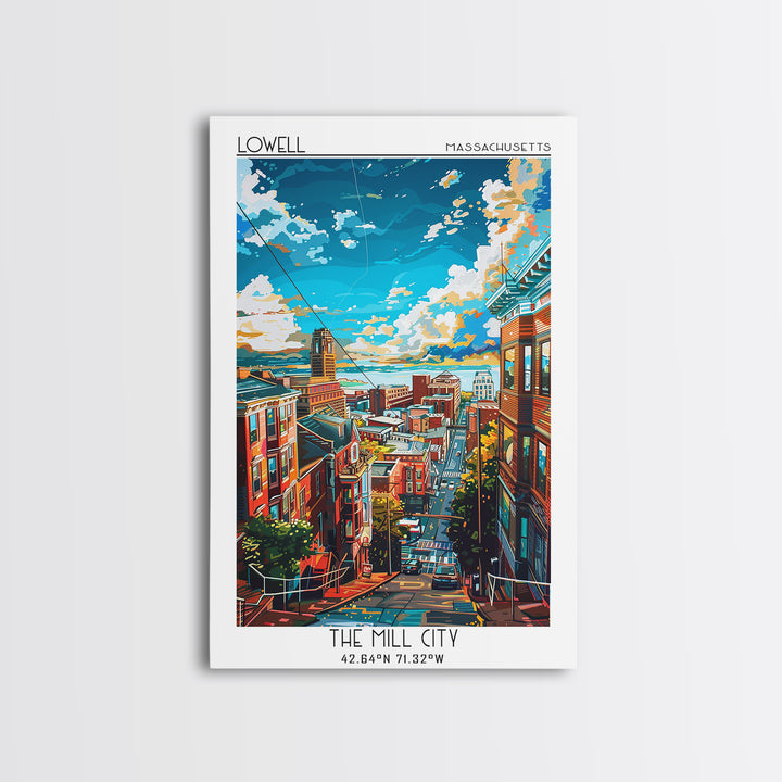 Lowell Travel Poster, Framed Canvas Print, City Travel Poster, Travel Wall Art, Watercolor Cityscape, Home Decor, Retro Travel Print