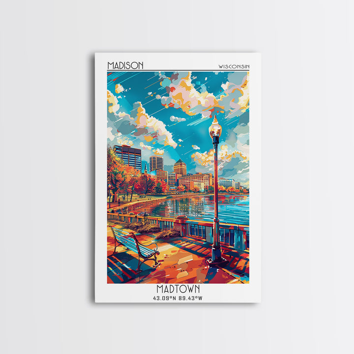 Madison Travel Poster, Framed Canvas Print, Travel Wall Art, City Wall Art, Retro Travel Poster, Travel Prints, Mid Century Wall Art