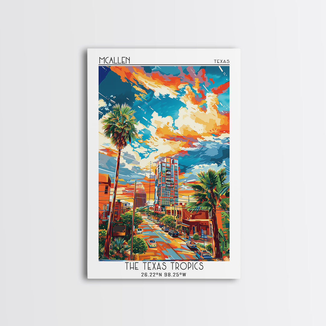 McAllen Travel Poster, Framed Canvas Print, Retro Wall Art, Travel Print, Home Decor, City Illustration, Art Print, Travel Art Print