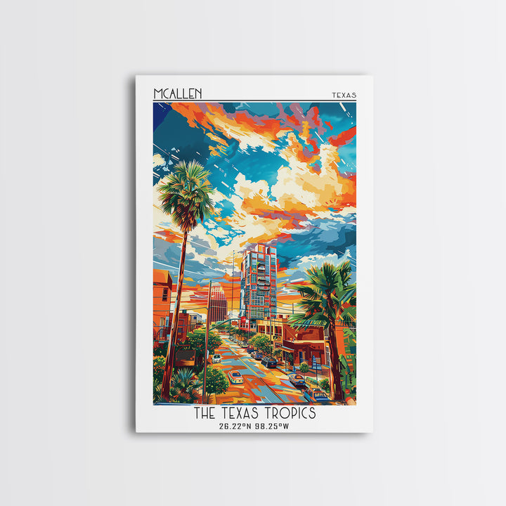 McAllen Travel Poster, Framed Canvas Print, Retro Wall Art, Travel Print, Home Decor, City Illustration, Art Print, Travel Art Print