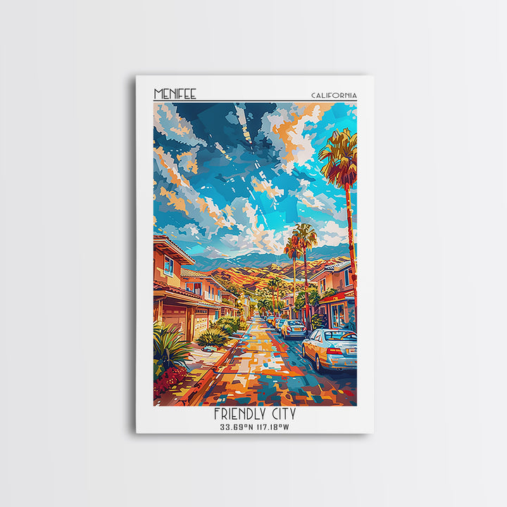 Menifee Travel Poster, Framed Canvas Print, Retro Travel Poster, City Wall Art, Living Room Wall Art, Retro Wall Art, Vintage Poster
