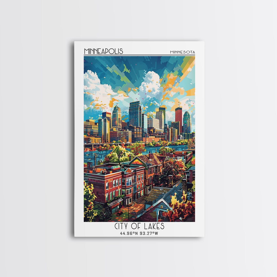 Minneapolis Travel Poster, Framed Canvas Print, Travel Wall Art, City Wall Art, Wanderlust Gift, Vintage Posters, Vintage Travel Art
