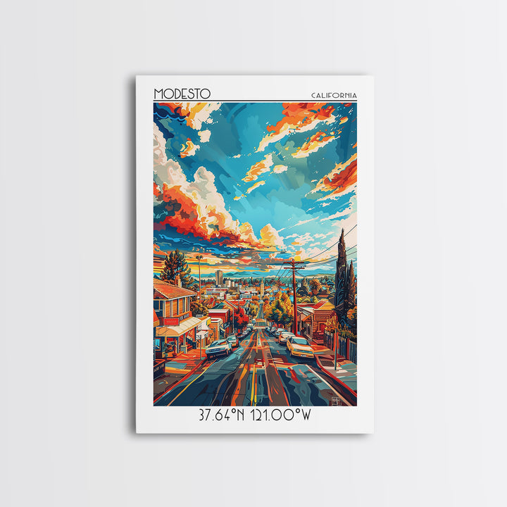 Modesto Travel Poster, Framed Canvas Print, Retro Wall Art, Travel Print, Vintage Travel, Travel Wall Art, Poster Art, City Wall Art