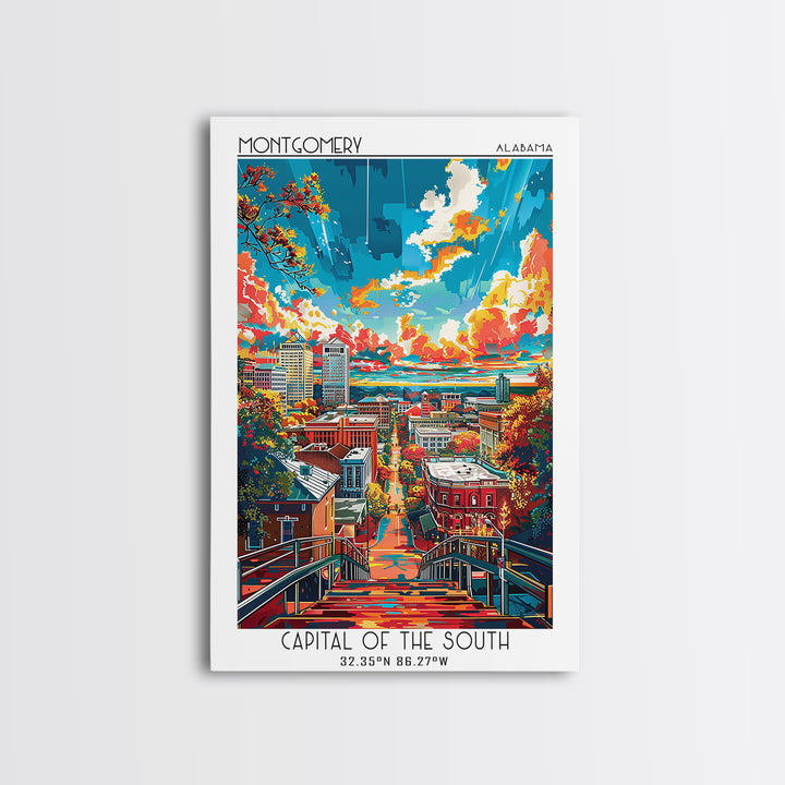 Montgomery Travel Poster, Framed Canvas Print, Travel Wall Decor, Minimalist Poster, Wanderlust Gift, Home Decor, Retro Travel Print