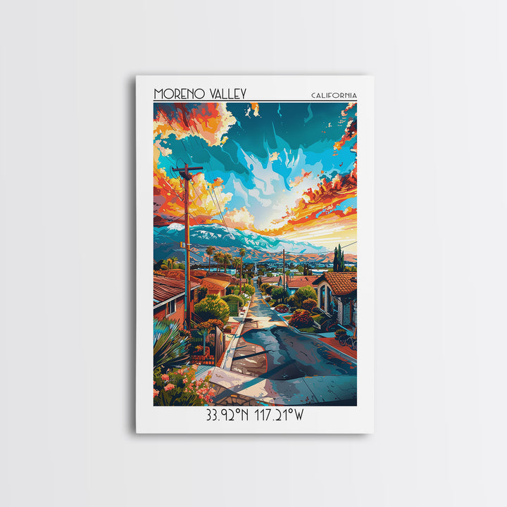 Moreno Valley Travel Poster, Framed Canvas Print, Poster Print, Travel Wall Art, Travel Posters, Mid Century Wall Art, City Wall Art