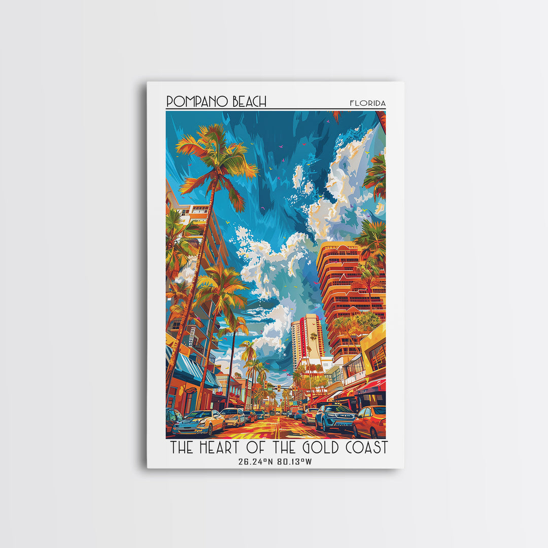 Pompano Beach Travel Poster, Framed Canvas Print, Travel Prints, Landscape Art, Minimalist Poster, Vintage City Poster, Travel Print
