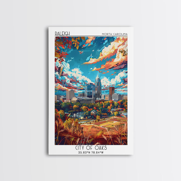 Raleigh Travel Poster, Framed Canvas Print, Travel Prints, Landscape Art, City Travel Poster, Gallery Wall Set, Mid Century Wall Art