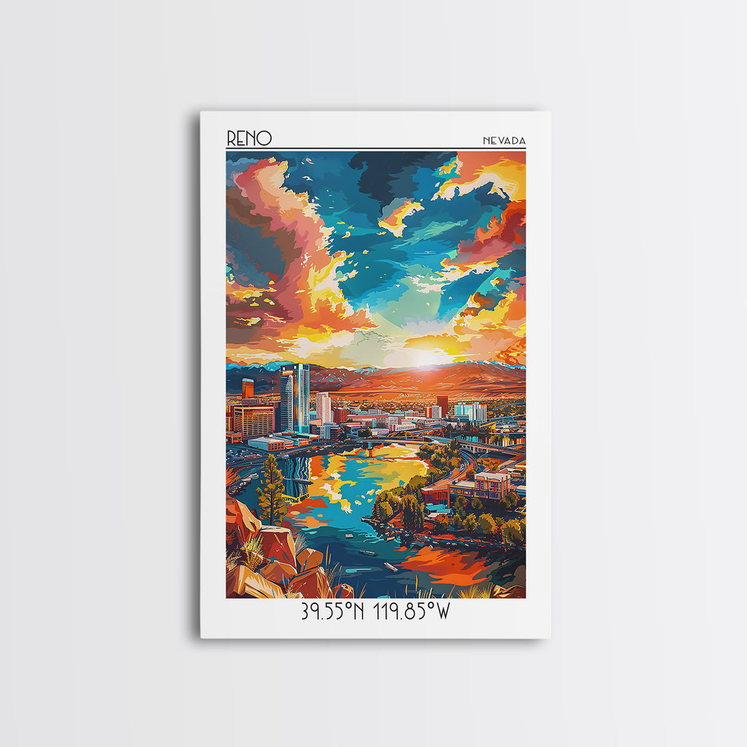 Reno Travel Poster, Framed Canvas Print, City Travel Poster, Travel Wall Art, City Illustration, Vintage City Poster, Retro Wall Art