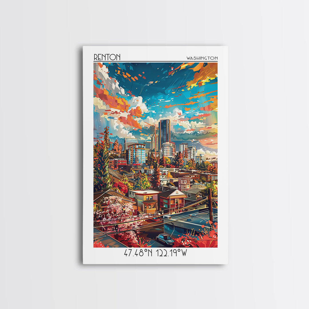 Renton Travel Poster, Canvas Print, Poster Print, Travel Wall Art, Wanderlust Gift, City Illustration, Vintage Poster, Travel Prints