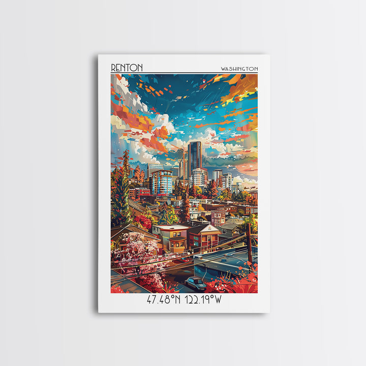 Renton Travel Poster, Canvas Print, Poster Print, Travel Wall Art, Wanderlust Gift, City Illustration, Vintage Poster, Travel Prints