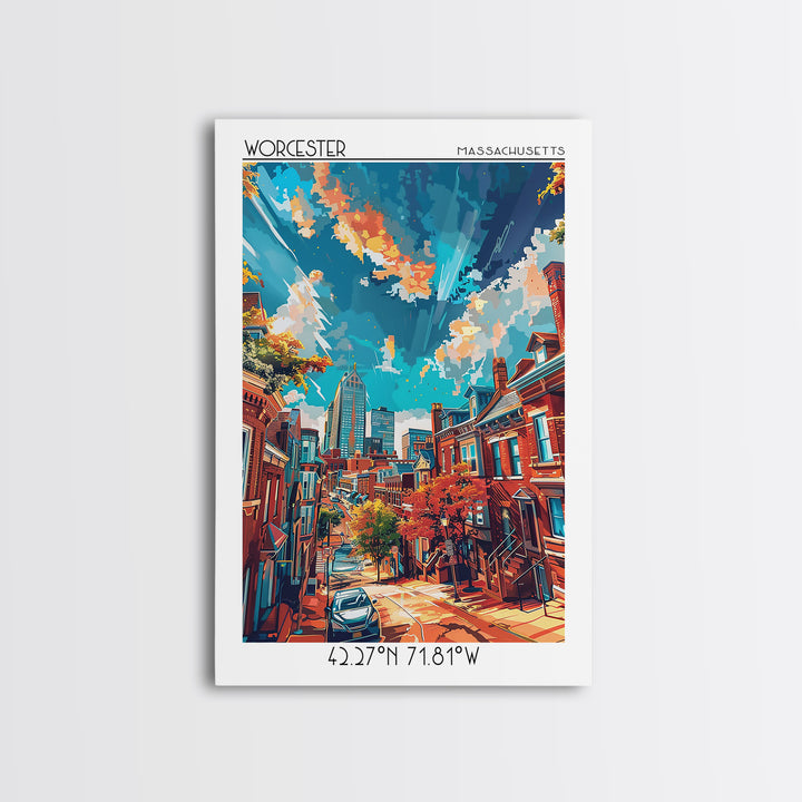 Worcester Travel Poster, Framed Canvas Print, Travel Wall Art, City Wall Art, Vintage Poster, City Illustration, Vintage City Poster