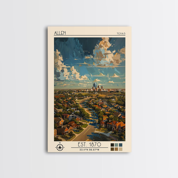 Allen Travel Poster, Canvas Print, City Travel Poster, Vintage City Poster, City Illustration, Wanderlust Gift, Mid Century Wall Art