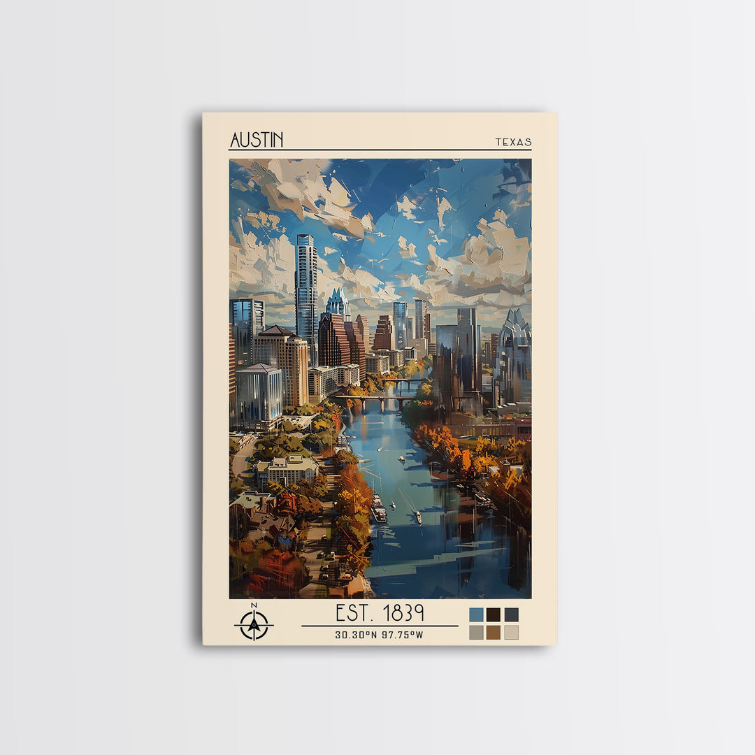 Austin Travel Poster, Framed Canvas Print, City Travel Poster, Travel Wall Art, Wanderlust Gift, Travel Art Print, City Illustration