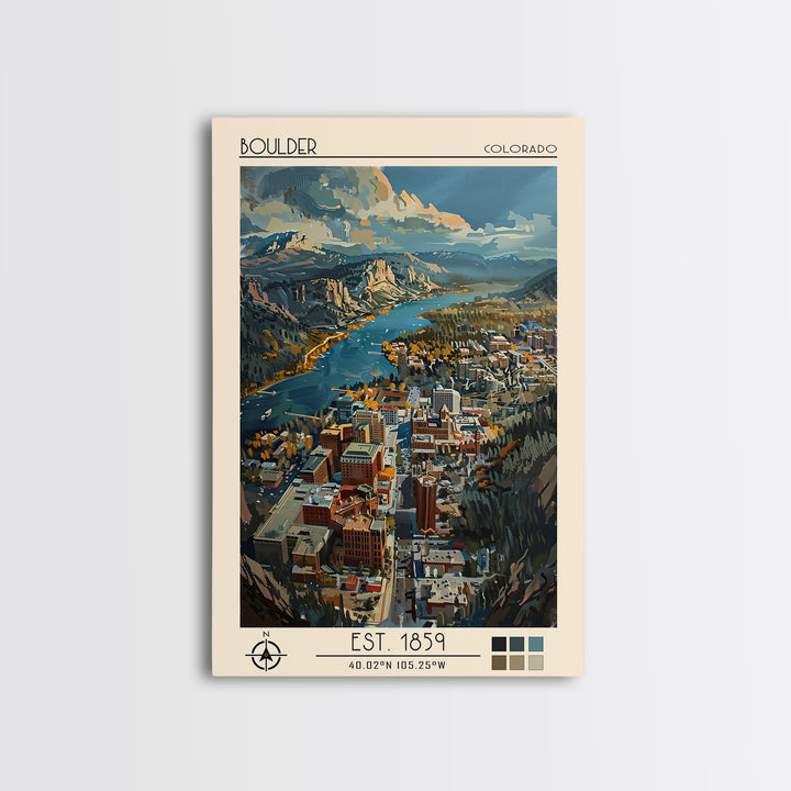 Boulder Travel Poster, Framed Canvas Print, City Travel Poster, Travel Wall Art, Colorful Wall Art, City Illustration, Landscape Art