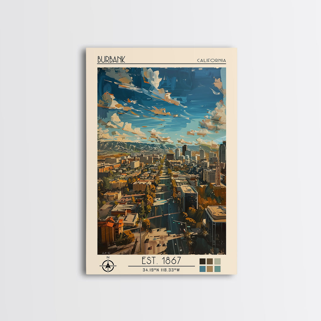 Burbank Travel Poster, Canvas Print, City Travel Poster, Travel Wall Decor, Living Room Wall Art, Travel Wall Art, Colorful Wall Art