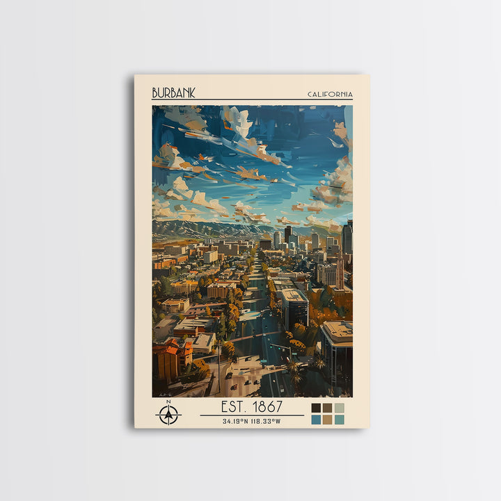 Burbank Travel Poster, Canvas Print, City Travel Poster, Travel Wall Decor, Living Room Wall Art, Travel Wall Art, Colorful Wall Art