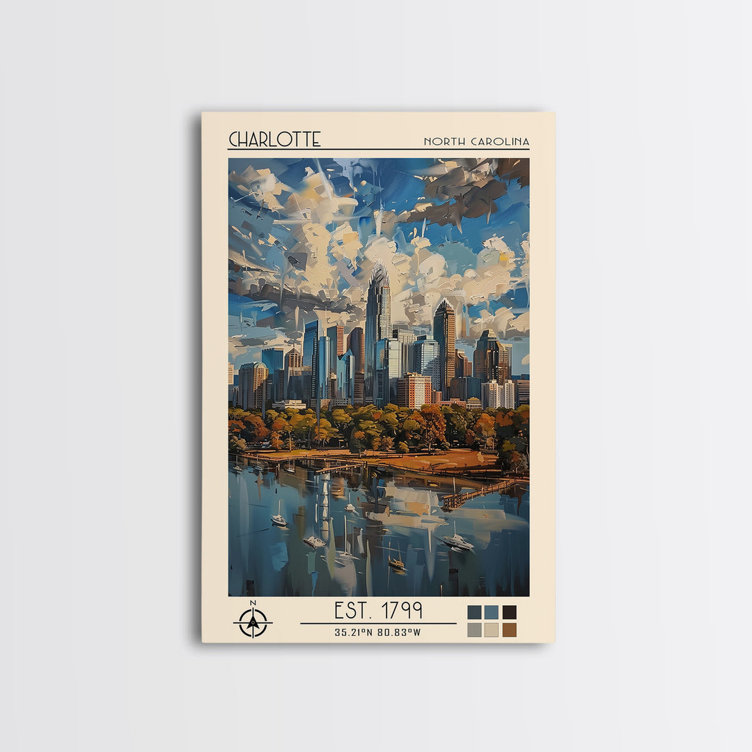 Charlotte Travel Poster, Framed Canvas Print, Travel Art Print, Modern Wall Decor, Wanderlust Gift, Watercolor Cityscape, Poster Art